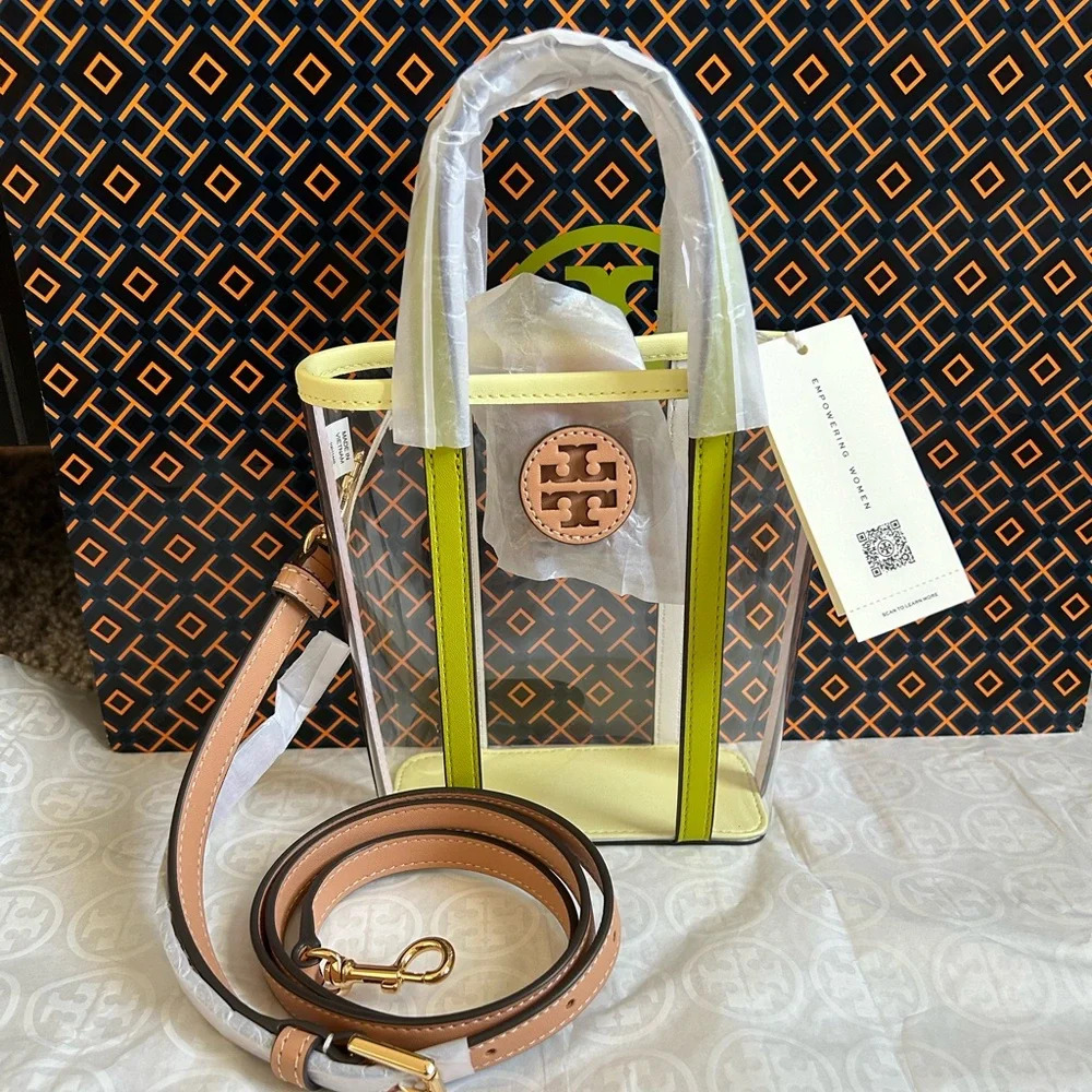 Tory Burch Clear Crossbody Bag with Lime Trim and Tan Strap